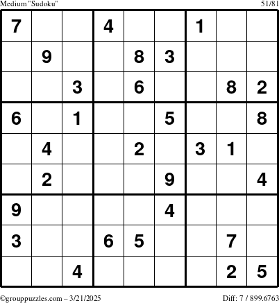 The grouppuzzles.com Medium Sudoku puzzle for Friday March 21, 2025