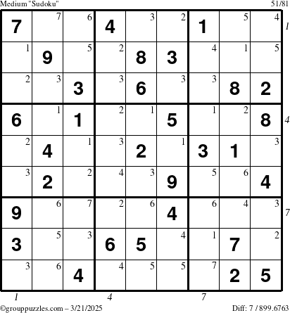 The grouppuzzles.com Medium Sudoku puzzle for Friday March 21, 2025 with all 7 steps marked