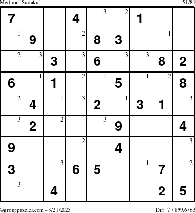 The grouppuzzles.com Medium Sudoku puzzle for Friday March 21, 2025 with the first 3 steps marked