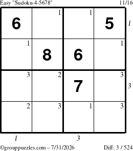 The grouppuzzles.com Easy Sudoku-4-5678 puzzle for Friday July 31, 2026 with all 3 steps marked