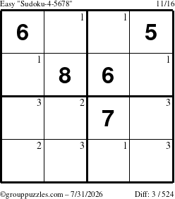 The grouppuzzles.com Easy Sudoku-4-5678 puzzle for Friday July 31, 2026 with the first 3 steps marked