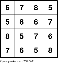 The grouppuzzles.com Answer grid for the Sudoku-4-5678 puzzle for Friday July 31, 2026