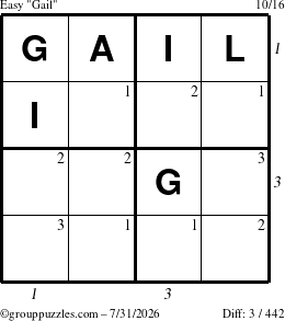 The grouppuzzles.com Easy Gail puzzle for Friday July 31, 2026 with all 3 steps marked