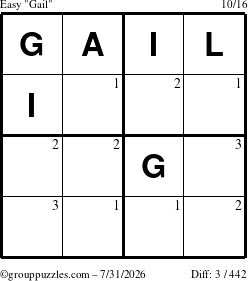 The grouppuzzles.com Easy Gail puzzle for Friday July 31, 2026 with the first 3 steps marked