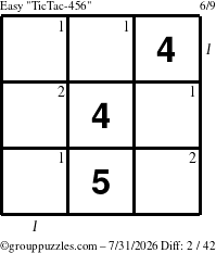 The grouppuzzles.com Easy TicTac-456 puzzle for Friday July 31, 2026 with all 2 steps marked