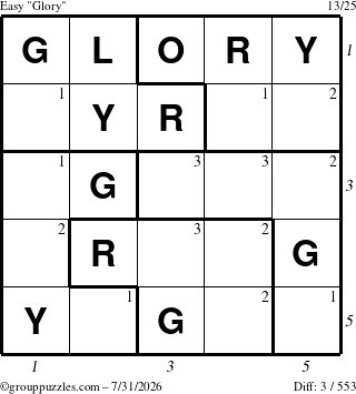 The grouppuzzles.com Easy Glory puzzle for Friday July 31, 2026, suitable for printing, with all 3 steps marked