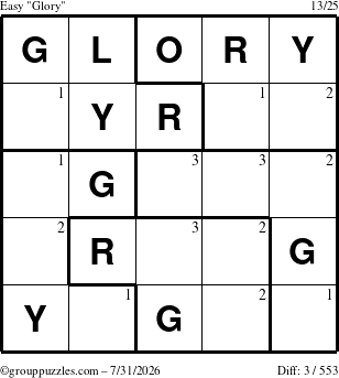 The grouppuzzles.com Easy Glory puzzle for Friday July 31, 2026 with the first 3 steps marked