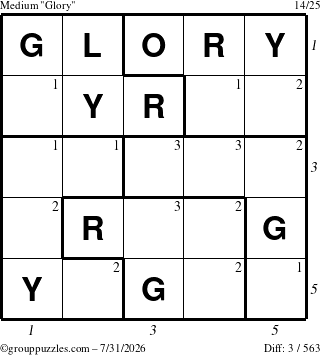 The grouppuzzles.com Medium Glory puzzle for Friday July 31, 2026 with all 3 steps marked