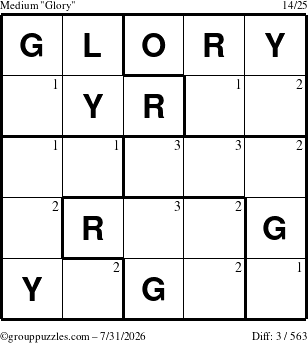 The grouppuzzles.com Medium Glory puzzle for Friday July 31, 2026 with the first 3 steps marked