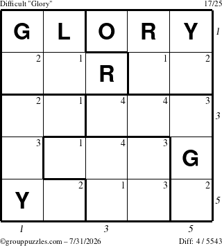 The grouppuzzles.com Difficult Glory puzzle for Friday July 31, 2026 with all 4 steps marked