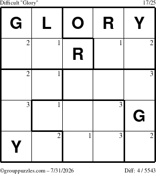 The grouppuzzles.com Difficult Glory puzzle for Friday July 31, 2026 with the first 3 steps marked