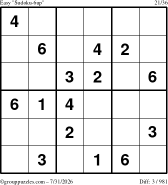 The grouppuzzles.com Easy Sudoku-6up puzzle for Friday July 31, 2026