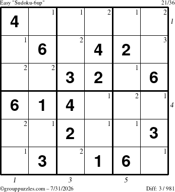 The grouppuzzles.com Easy Sudoku-6up puzzle for Friday July 31, 2026 with all 3 steps marked