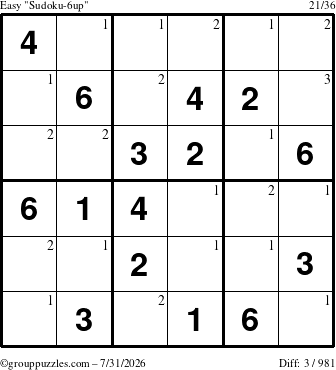 The grouppuzzles.com Easy Sudoku-6up puzzle for Friday July 31, 2026 with the first 3 steps marked