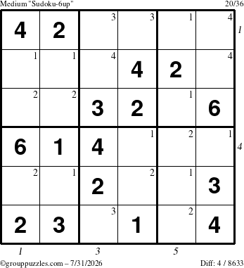 The grouppuzzles.com Medium Sudoku-6up puzzle for Friday July 31, 2026 with all 4 steps marked