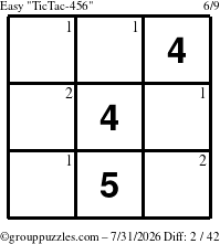 The grouppuzzles.com Easy TicTac-456 puzzle for Friday July 31, 2026 with the first 2 steps marked