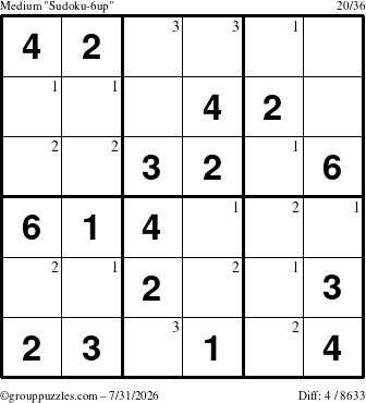 The grouppuzzles.com Medium Sudoku-6up puzzle for Friday July 31, 2026 with the first 3 steps marked