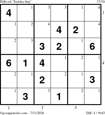The grouppuzzles.com Difficult Sudoku-6up puzzle for Friday July 31, 2026, suitable for printing, with all 4 steps marked