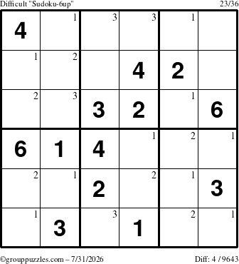The grouppuzzles.com Difficult Sudoku-6up puzzle for Friday July 31, 2026 with the first 3 steps marked