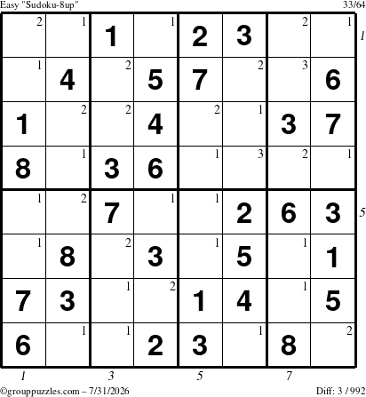 The grouppuzzles.com Easy Sudoku-8up puzzle for Friday July 31, 2026 with all 3 steps marked