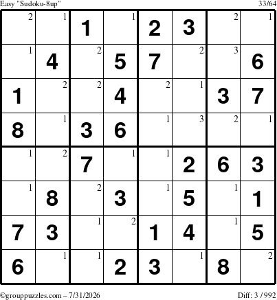 The grouppuzzles.com Easy Sudoku-8up puzzle for Friday July 31, 2026 with the first 3 steps marked