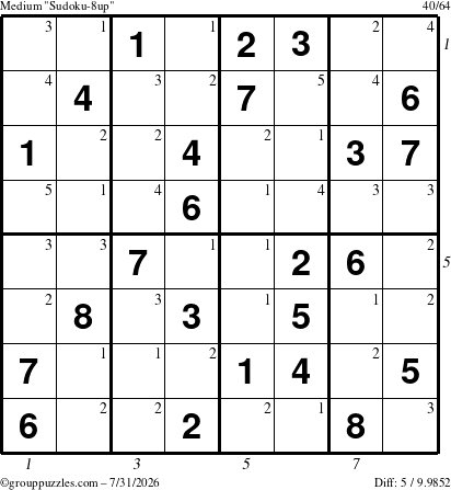 The grouppuzzles.com Medium Sudoku-8up puzzle for Friday July 31, 2026 with all 5 steps marked