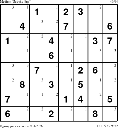 The grouppuzzles.com Medium Sudoku-8up puzzle for Friday July 31, 2026 with the first 3 steps marked