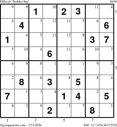 The grouppuzzles.com Difficult Sudoku-8up puzzle for Friday July 31, 2026, suitable for printing, with all 12 steps marked