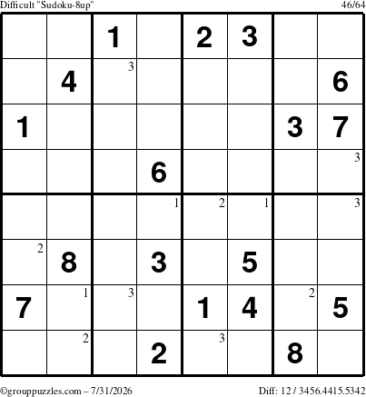 The grouppuzzles.com Difficult Sudoku-8up puzzle for Friday July 31, 2026 with the first 3 steps marked