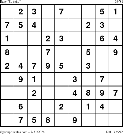 The grouppuzzles.com Easy Sudoku puzzle for Friday July 31, 2026