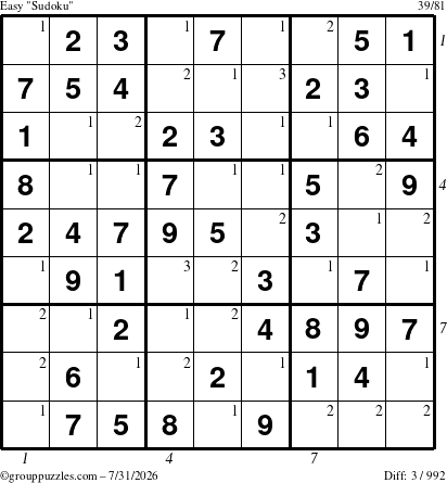 The grouppuzzles.com Easy Sudoku puzzle for Friday July 31, 2026 with all 3 steps marked