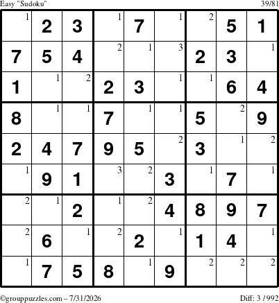 The grouppuzzles.com Easy Sudoku puzzle for Friday July 31, 2026 with the first 3 steps marked