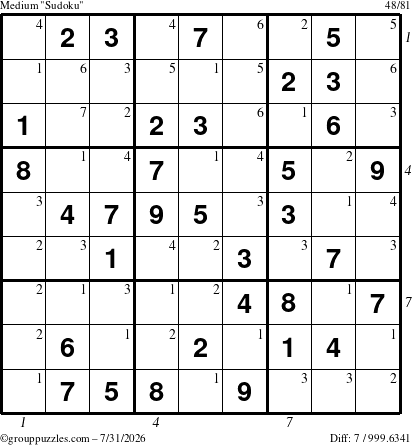 The grouppuzzles.com Medium Sudoku puzzle for Friday July 31, 2026 with all 7 steps marked
