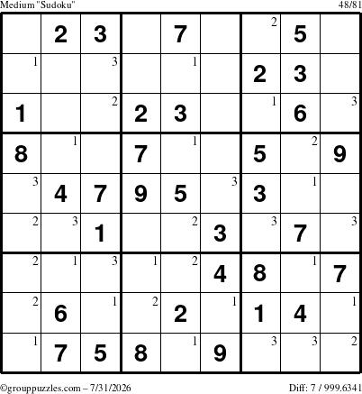 The grouppuzzles.com Medium Sudoku puzzle for Friday July 31, 2026 with the first 3 steps marked