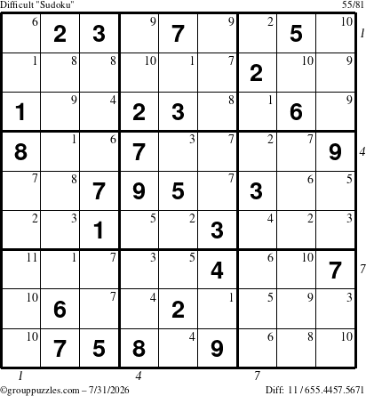 The grouppuzzles.com Difficult Sudoku puzzle for Friday July 31, 2026 with all 11 steps marked