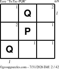 The grouppuzzles.com Easy TicTac-PQR puzzle for Friday July 31, 2026 with all 2 steps marked