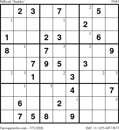 The grouppuzzles.com Difficult Sudoku puzzle for Friday July 31, 2026 with the first 3 steps marked