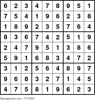 The grouppuzzles.com Answer grid for the Sudoku puzzle for Friday July 31, 2026
