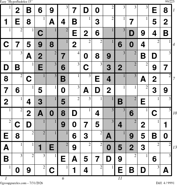 The grouppuzzles.com Easy HyperSudoku-15 puzzle for Friday July 31, 2026 with all 4 steps marked