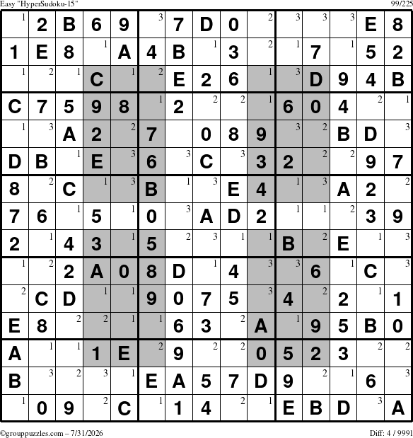 The grouppuzzles.com Easy HyperSudoku-15 puzzle for Friday July 31, 2026 with the first 3 steps marked