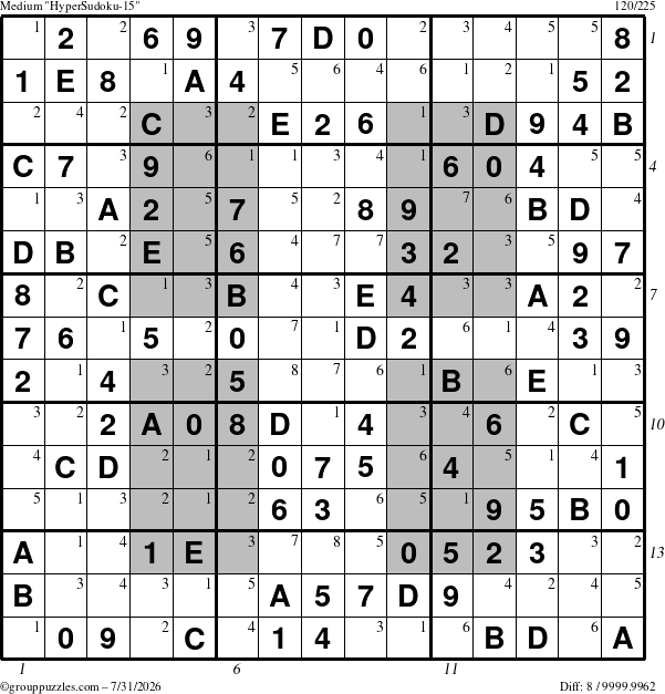 The grouppuzzles.com Medium HyperSudoku-15 puzzle for Friday July 31, 2026, suitable for printing, with all 8 steps marked
