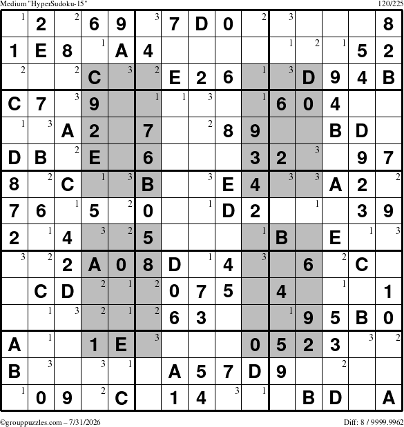 The grouppuzzles.com Medium HyperSudoku-15 puzzle for Friday July 31, 2026 with the first 3 steps marked