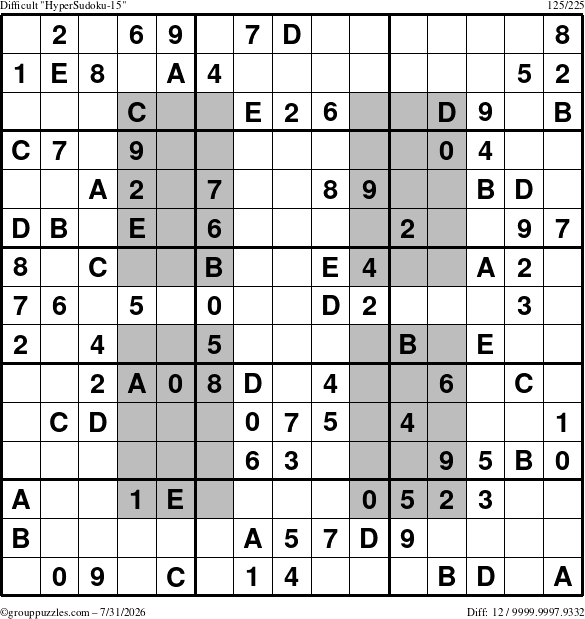 The grouppuzzles.com Difficult HyperSudoku-15 puzzle for Friday July 31, 2026