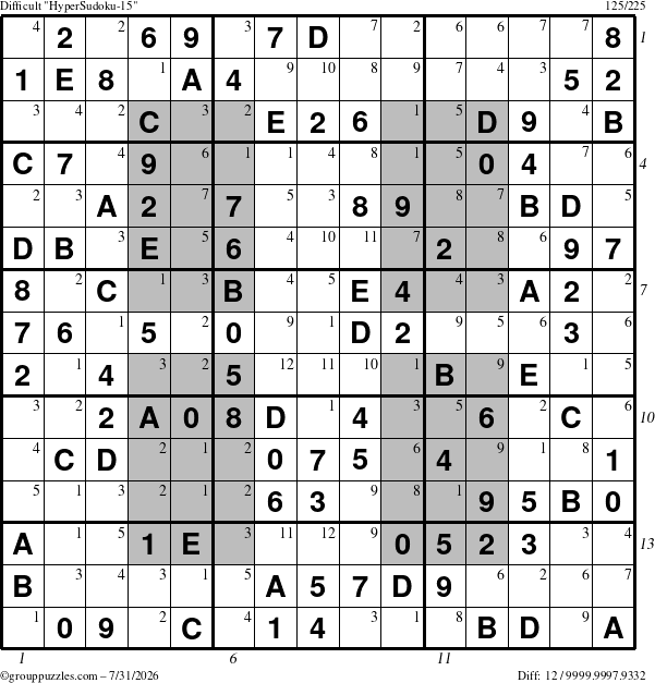 The grouppuzzles.com Difficult HyperSudoku-15 puzzle for Friday July 31, 2026, suitable for printing, with all 12 steps marked