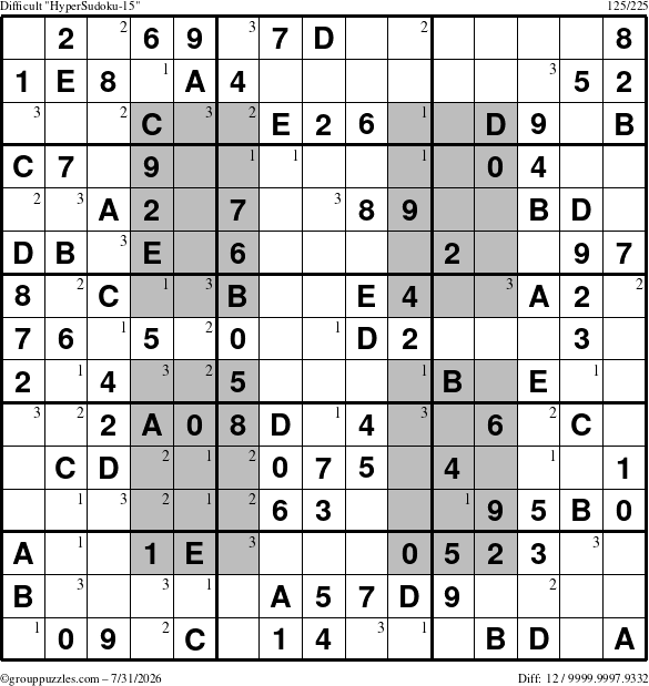 The grouppuzzles.com Difficult HyperSudoku-15 puzzle for Friday July 31, 2026 with the first 3 steps marked