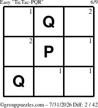 The grouppuzzles.com Easy TicTac-PQR puzzle for Friday July 31, 2026 with the first 2 steps marked