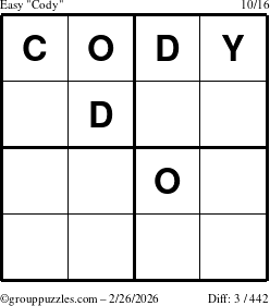 The grouppuzzles.com Easy Cody puzzle for Thursday February 26, 2026
