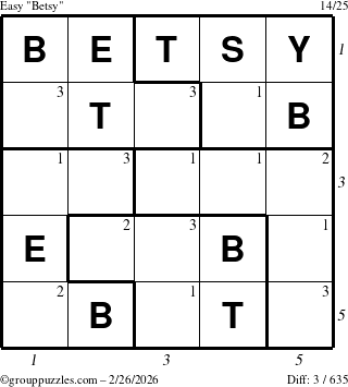 The grouppuzzles.com Easy Betsy puzzle for Thursday February 26, 2026 with all 3 steps marked