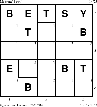 The grouppuzzles.com Medium Betsy puzzle for Thursday February 26, 2026, suitable for printing, with all 4 steps marked