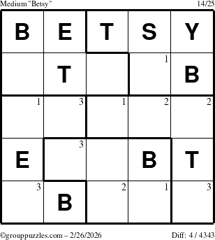 The grouppuzzles.com Medium Betsy puzzle for Thursday February 26, 2026 with the first 3 steps marked
